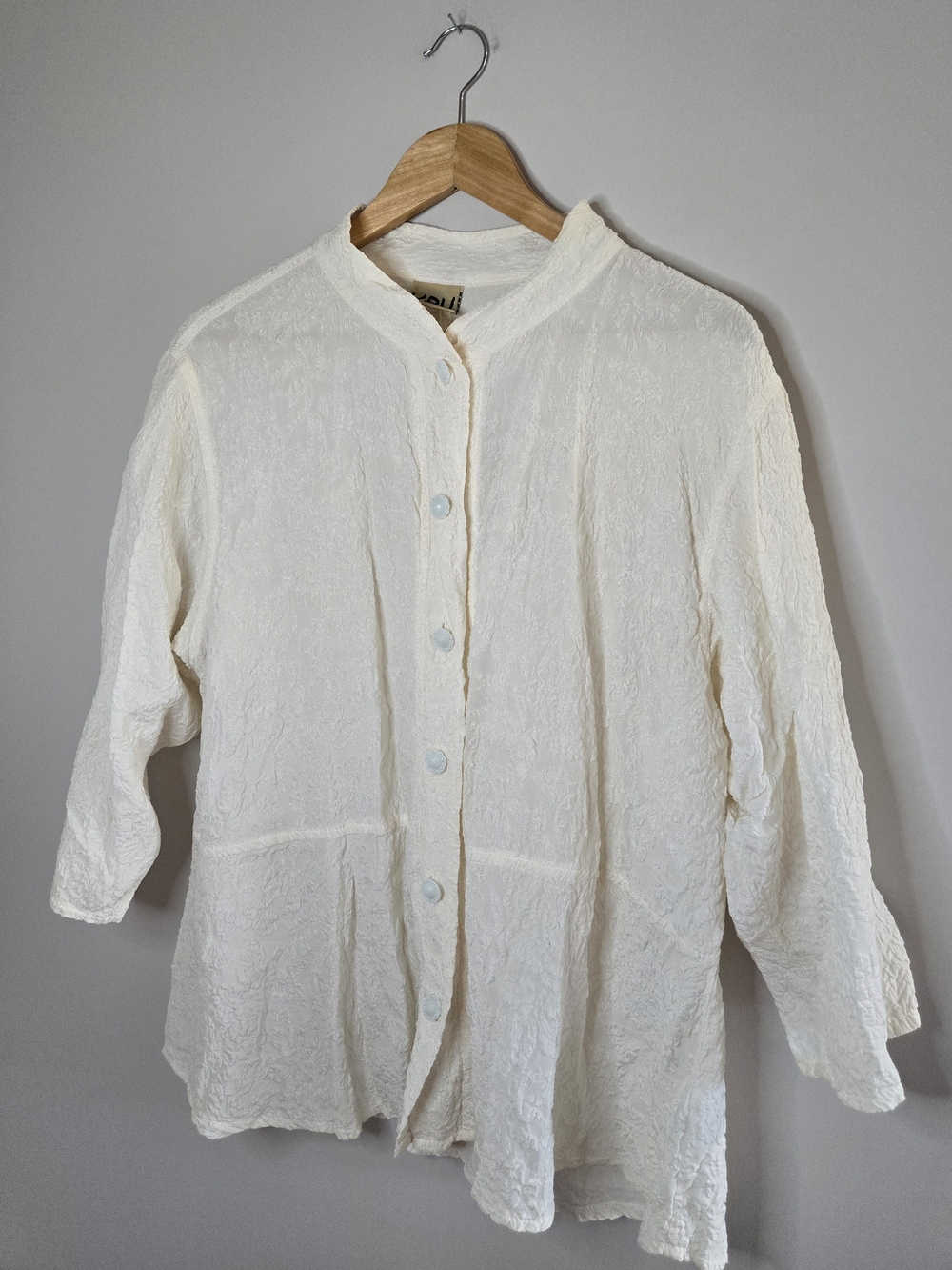 Uru 100% silk cream textured blouse, 3/4 length sleeve, button front, loose fit